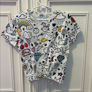 Lola + The Boys White Graphic Tee with Multicolor Doodles